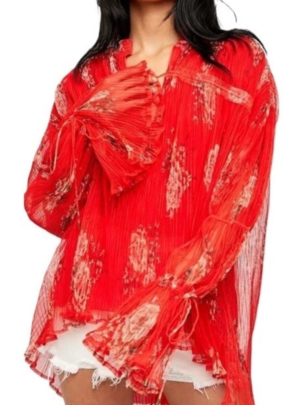 Free People Womens Dahlia Tunic Size Small Red Floral Pop Combo Bell Sleeve